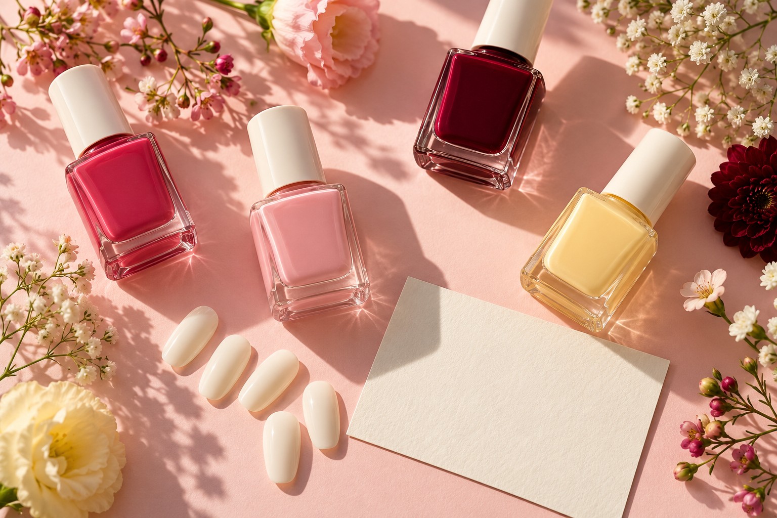 Nail-art inspiration: colourful polish, practice tips and a blank card on a pink studio table